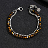 Natural Tiger Eye Round Beaded 2-Strand Bracelets with 201 Stainless Steel Box Chains for Men Women EI8345-1-1