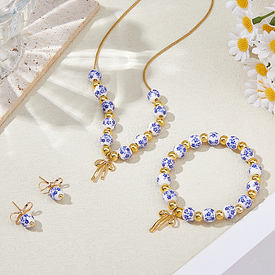 Flower Printed Porcelain Bead with Brass Bowknot Dangle Stud Earrings & Charm Bracelet & Pendant Necklaces Sets SJEW-DC00004-1