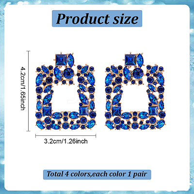 4 Pairs 4 Colors Rhinestone Hollow Square Dangle Stud Earrings EJEW-AN0004-37-1