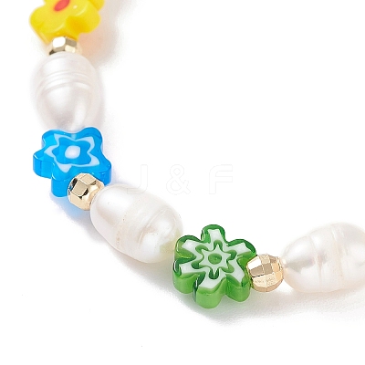 Natural Pearl & Millefiori Glass Beaded Stretch Bracelet with Heart and Coin Charm for Women BJEW-TA00060-1