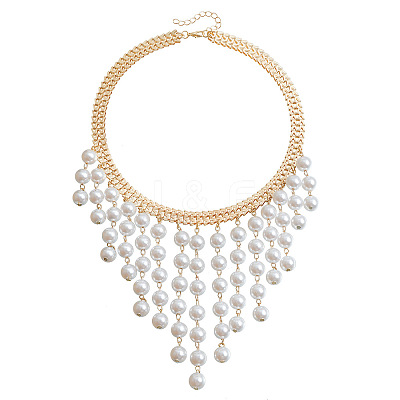 Alloy Imitation Pearl Round Tassel Bib Necklaces for Women WGDE514-01-1