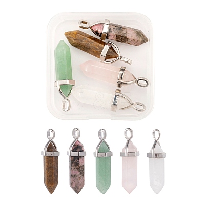 5Pcs 5 Style Natural Gemstone Pointed Pendants G-FS0001-26-1