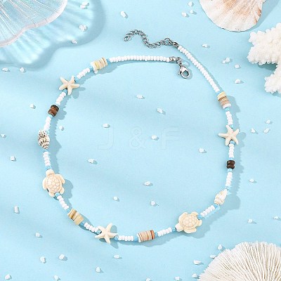 Summer Beach Dyed Synthetic Turquoise Starfish Turtle & Natural Shell & Glass Seed Beaded Necklaces for Women NJEW-JN06503-1