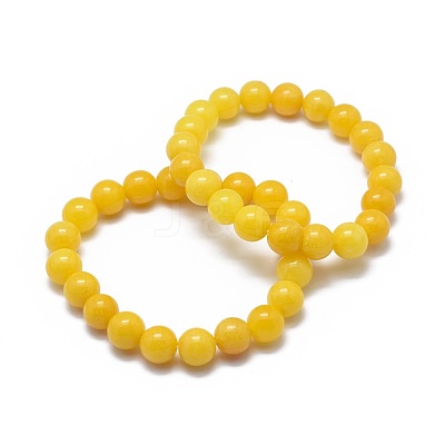 Natural Yellow Jade Bead Stretch Bracelets X-BJEW-K212-A-038-1