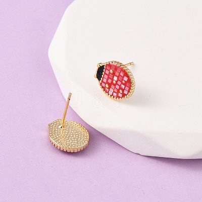 Brass Enamel Ladybird Stud Earrings EJEW-I322-11G-1