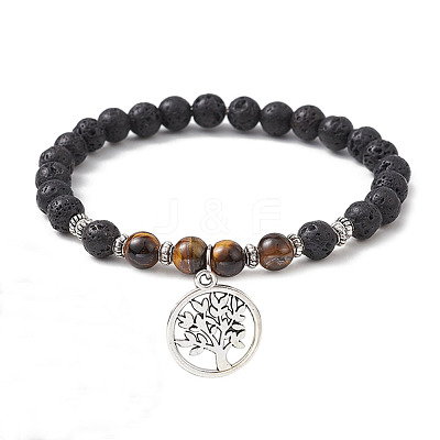 Natural Lava Rock & Natural Tiger Eye Gemstone Round Beaded Stretch Bracelet BJEW-JB09767-03-1