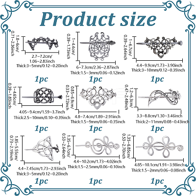 9Pcs 9 Styles Retro Alloy Hair Sticks OHAR-GA0001-14-1