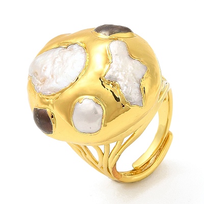 Brass Twist Oval Dome Adjustable Rings with Natural Pearl RJEW-M150-01G-1