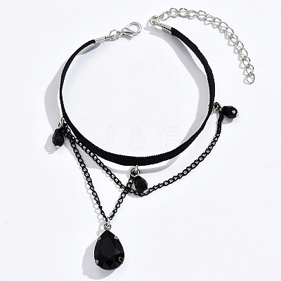 Glass Teardrop Tassel Alloy Chain Velvet Cord Anklets for Women FS-WGE307F-01-1