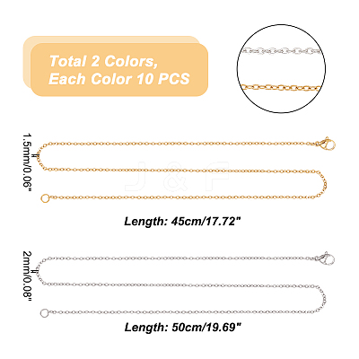 20Pcs 2 Style 304 Stainless Steel Cable Chains Necklaces Set for Men Women NJEW-NB0001-05-1