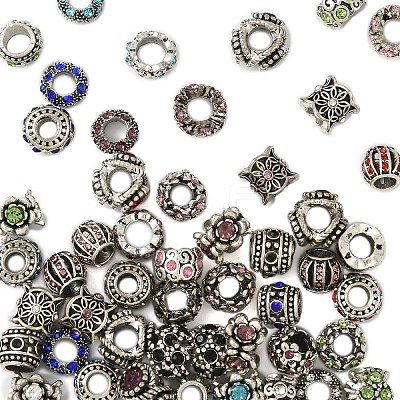 50Pcs 10 Styles Antique Silver Plated Metal Alloy Rhinestone European Beads ALRI-YW0001-29-1