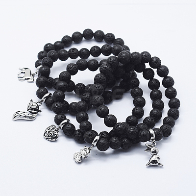 Natural Lava Rock Stretch Charm Bracelets BJEW-E318-01-1