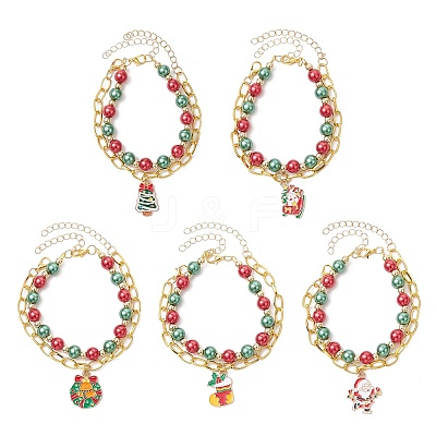 5Pcs 5 Styles Christmas Alloy Enamel Multi-strand Bracelets for Women BJEW-JB12079-1