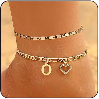 Brass Crystal Rhinestone Letter Heart Charm Double Layer Anklets for Women FS-WG41372-15-1