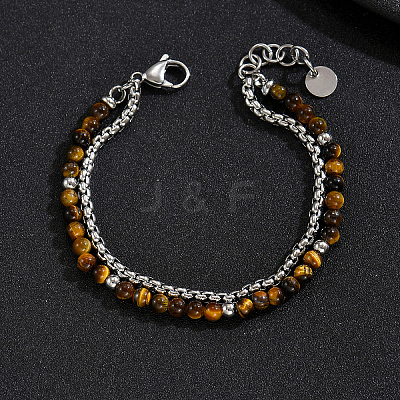 Natural Tiger Eye Round Beaded 2-Strand Bracelets with 201 Stainless Steel Box Chains for Men Women EI8345-1-1