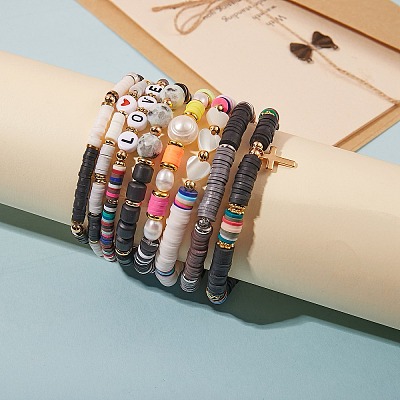 8Pcs 8 Style Polymer Clay Heishi & Natural Pearl & Natural Sea Shell Beads Stretch Bracelets Set for Girl Women BJEW-SZ0001-82-1