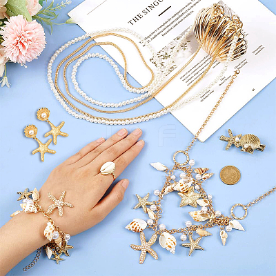 Natural Shell & Alloy Starfish Charm Bracelet & Bib Necklace & Adjustable Ring & Dangle Stud Earrings & Aligator Hair Clip & Mini Crossbody Bags SJEW-PH0001-11-1
