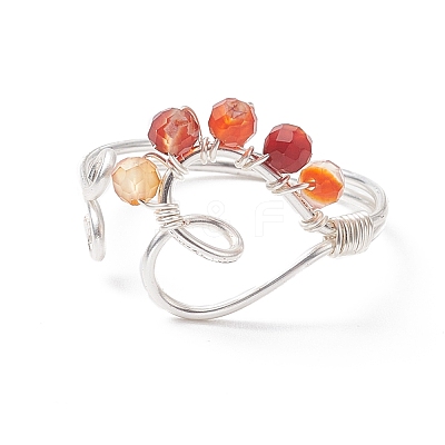 Natural Mixed Gemstone Beaded Heart Open Cuff Ring RJEW-JR00567-1