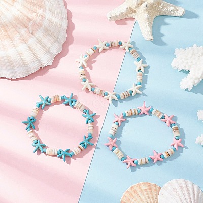 3Pcs Synthetic Turquoise & Natural Freshwater Shell Beads Stretch Bracelets for Women BJEW-JB12021-1