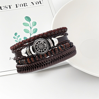 1Pc Cowhide & Imitation Leather Cord Knitted Multi-strand Bracelets AJEW-GF0011-50B-1