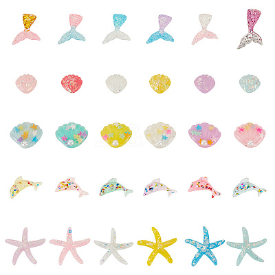 60Pcs 30 Styles Ocean Theme Translucent Resin Cabochon RESI-GA0001-17-1