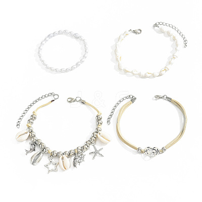 4Pcs Bohemian Style Zinc Alloy & Plastic Pearl & Natural Shell & CCB Plastic Anklet Sets FS-WGD84C1-01-1