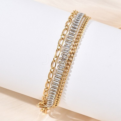 304 Stainless Steel & Glass Double Layers Chain Bracelets for Women BJEW-F540-10G-03-1