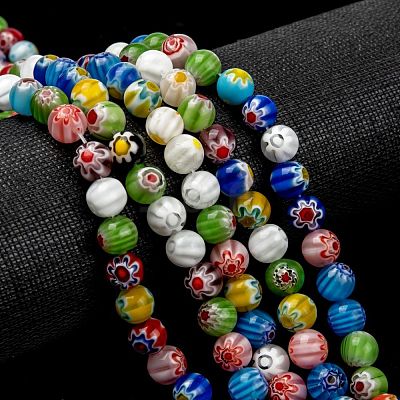 Millefiori Glass Round-Single Flower Bead Strands LK14-1