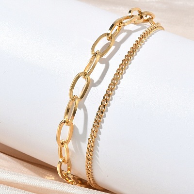 304 Stainless Steel Curb & Cable Chain Double Layer Bracelets for Women BJEW-G779-05G-1