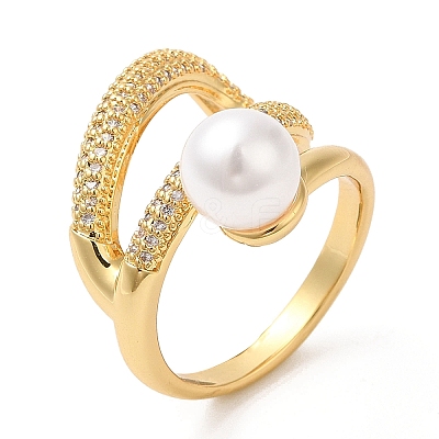 Rack Plating Brass Teardrop Cuff Ring with Plastic Pearl Beaded RJEW-D004-02G-1