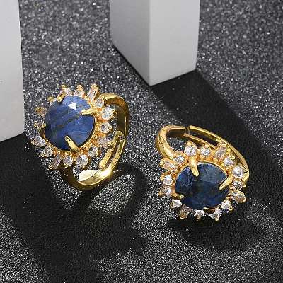 Sunflower Natural Lapis Lazuli Finger Rings RJEW-B113-03G-02-1