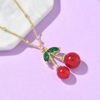 Brass Resin Fruit Cherry Pendant Satellite Chain Necklaces with Green Cubic Zirconia Leaf for Women NJEW-D306-03G-1