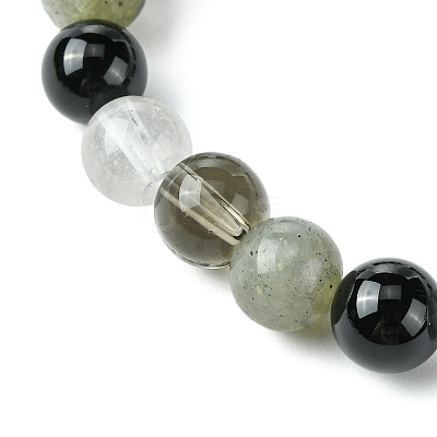 Synthetic Smoky Quartz & Labradorite & Quartz Crystal & Obsidian Round Beaded Stretch Bracelets BJEW-JB10910-11-1