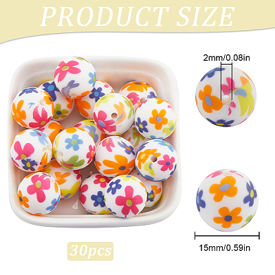 30pcs Round with Flower Pattern Silicone Focal Beads SIL-SC0002-03B-1