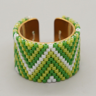 Adjustable Bohemian Style 304 Stainless Steel and Glass Seed Beads Cuff Rings FS-WG09053-09-1