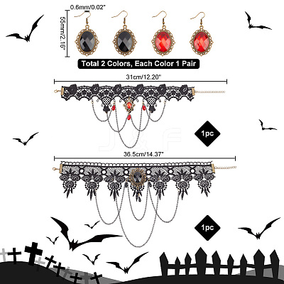Resin Oval Pendant Dangle Earrings and Lace Choker Necklaces AJEW-PH0004-17-1