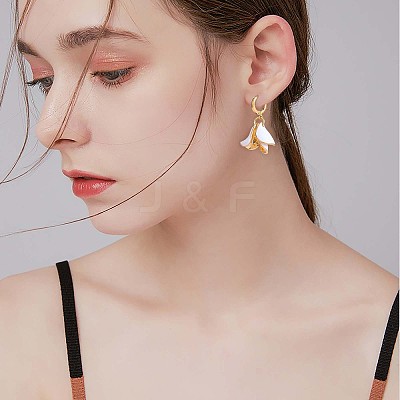 White Enamel Lilies Flower Dangle Hoop Earrings JE970A-1
