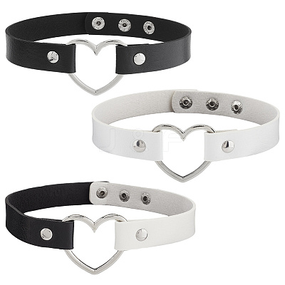 3Pcs 3 Styles Adjustable Gothic Two Tone PU Leather Alloy Heart Choker Necklaces for Women NJEW-CL0007-08-1