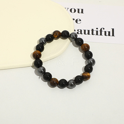 Dyed Natural Tiger Eye & Obsidian Round Beaded Stretch Bracelet PW-WG77768-02-1