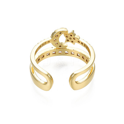 Cubic Zirconia Moon and Star Open Cuff Ring RJEW-N035-113-1