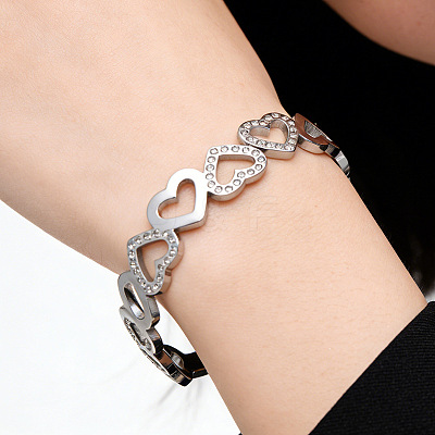 Hollow Heart 304 Stainless Steel Bangles for Women BJEW-A166-01B-P-1
