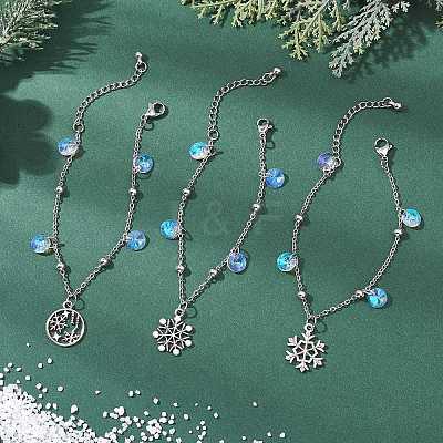 3Pcs Christmas Snowflake Alloy Charm Bracelets BJEW-JB12677-1