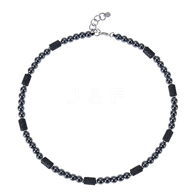6MM Round Synthetic Non-magnetic Hematite and Column Natural Lava Rock Beaded Necklaces for Women Men LV4865-5-1