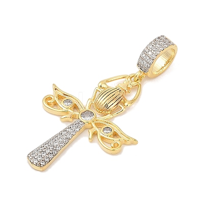 Brass Micro Pave Clear Cubic Zirconia Egyptian Ankh Cross Beetle European Dangle Charms KK-U058-47G-1