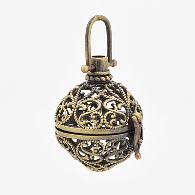 Vintage Filigree Round Brass Cage Pendants KK-D389-11AB-1