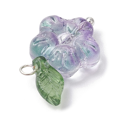 Transparent Glass Flower & Acrylic Leaf Pendants PALLOY-JF02287-01-1