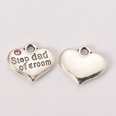 Wedding Theme Antique Silver Tone Tibetan Style Alloy Heart with Step Dad of Groom Rhinestone Charms TIBEP-N005-23B-1