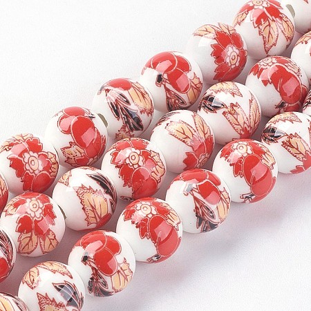 Handmade Flower Printed Porcelain Ceramic Beads Strands PORC-J006-A07-1