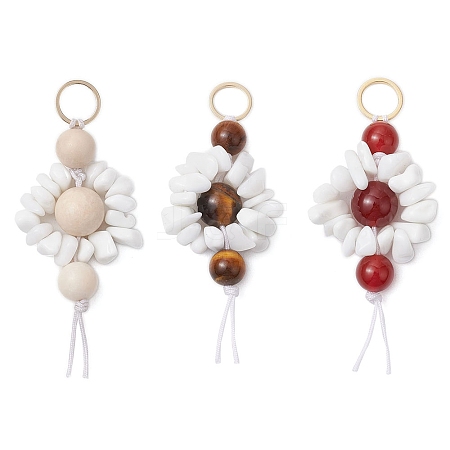 3Pcs 3 Styles Flower Natural Carnelian & Fossil & Tiger Eye & Glass Beaded Pendant Decorations HJEW-JM02387-1