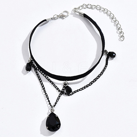 Glass Teardrop Tassel Alloy Chain Velvet Cord Anklets for Women FS-WGE307F-01-1